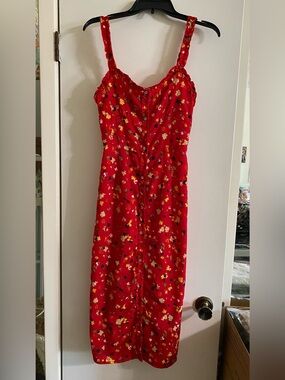 Linjia red Floral Button-Front Midi Dress